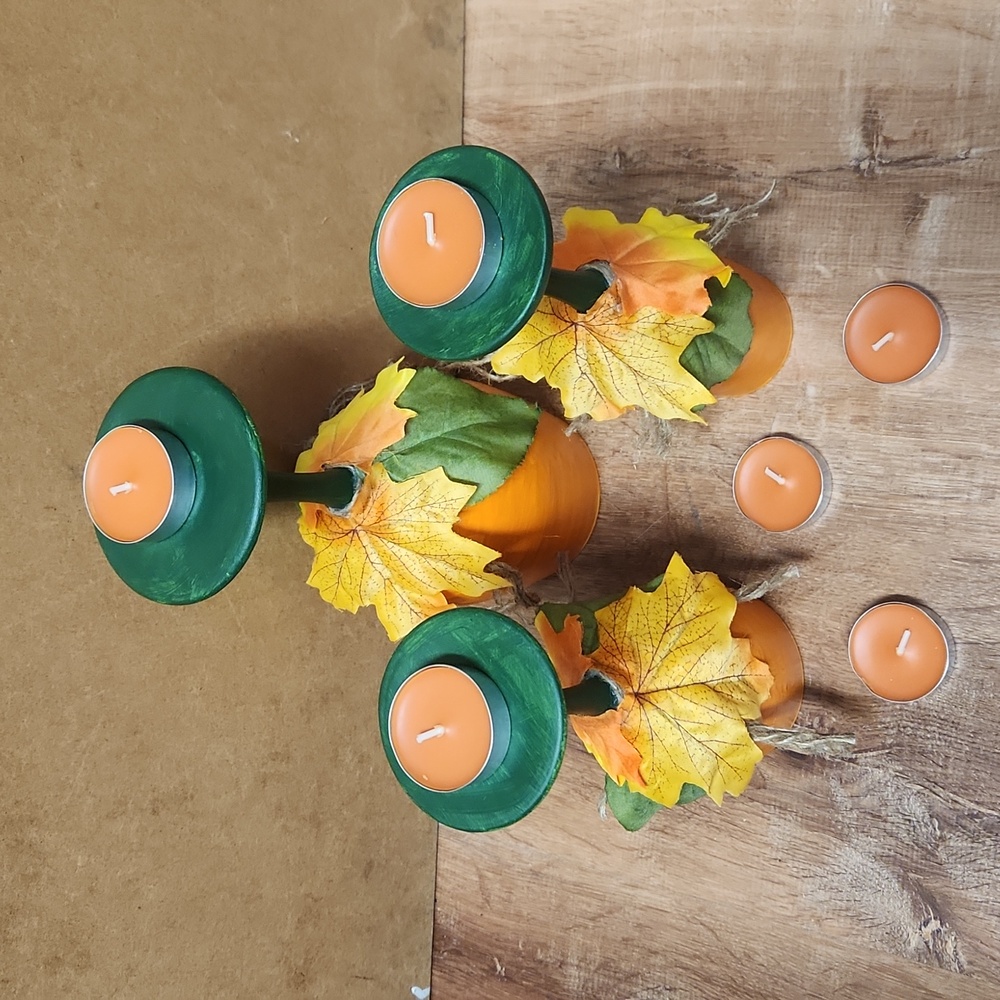 🎄Hand Crafted Pumpkin Wine Glass Candle Holder Set of 3 - Picture 2 of 8